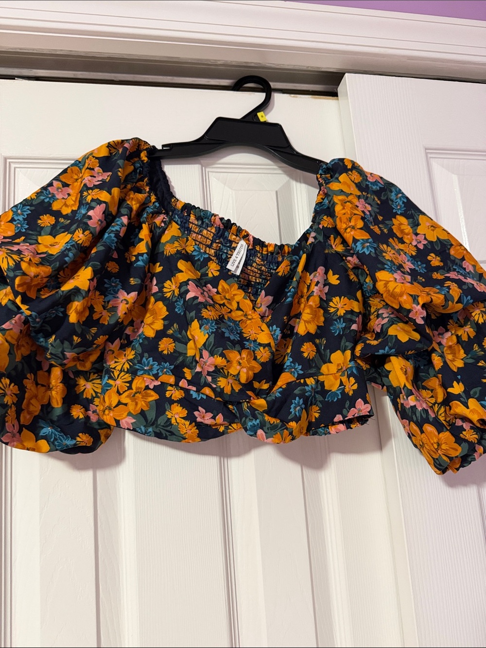 Live 4 Truth Black Floral Off-Shoulder Puff Sleeve Crop Top with Yellow Flowers